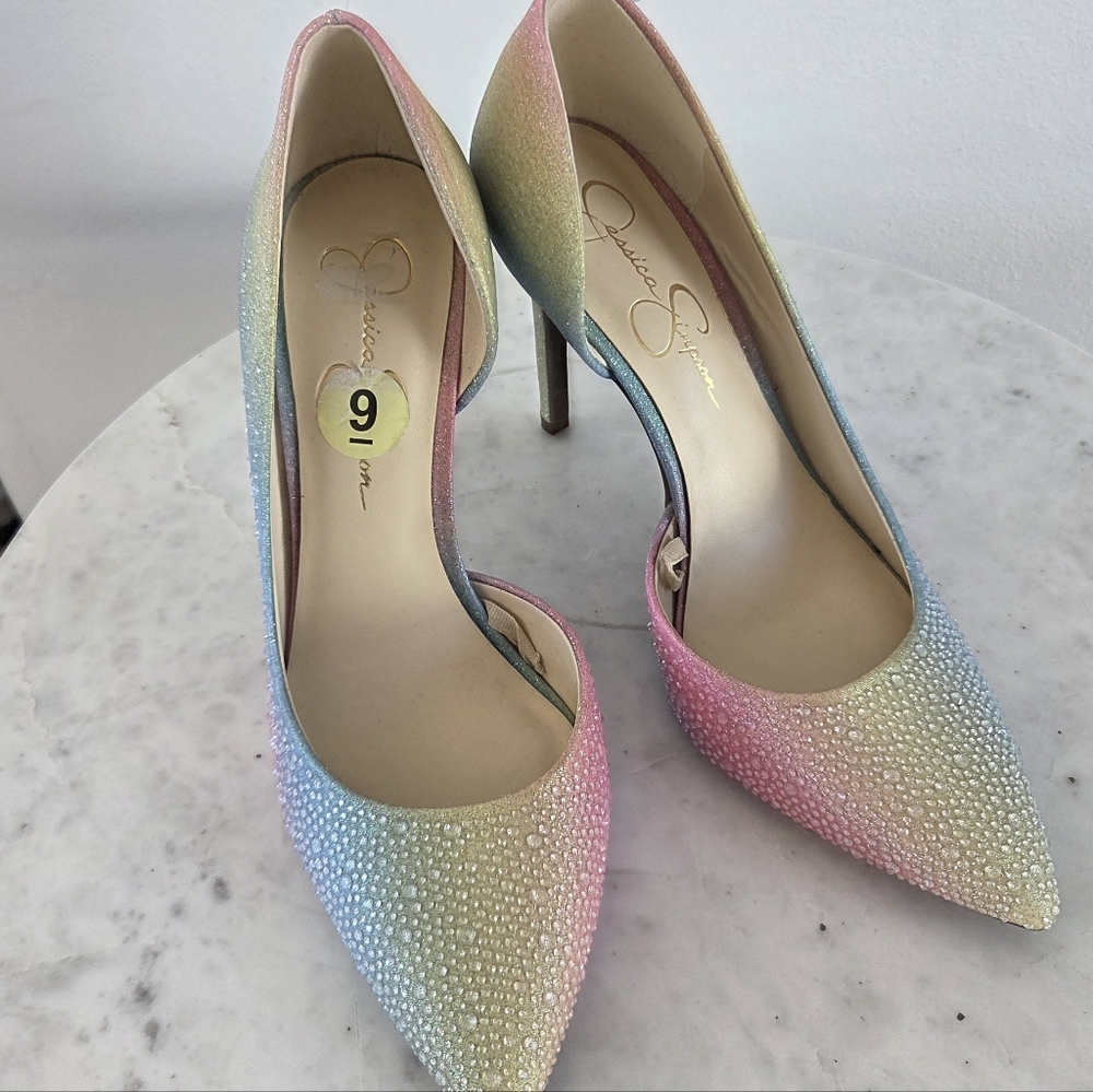 Jessica Simpson Multicolor Rainbow Ombre Rhinestone Heels Pumps NWT Pointed Toe - Picture 3 of 12